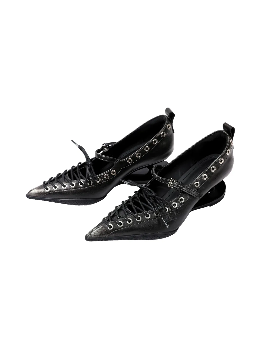 PINJIAHUI | Pointed Toe Lace-Up Low-Cut High Heels-Black