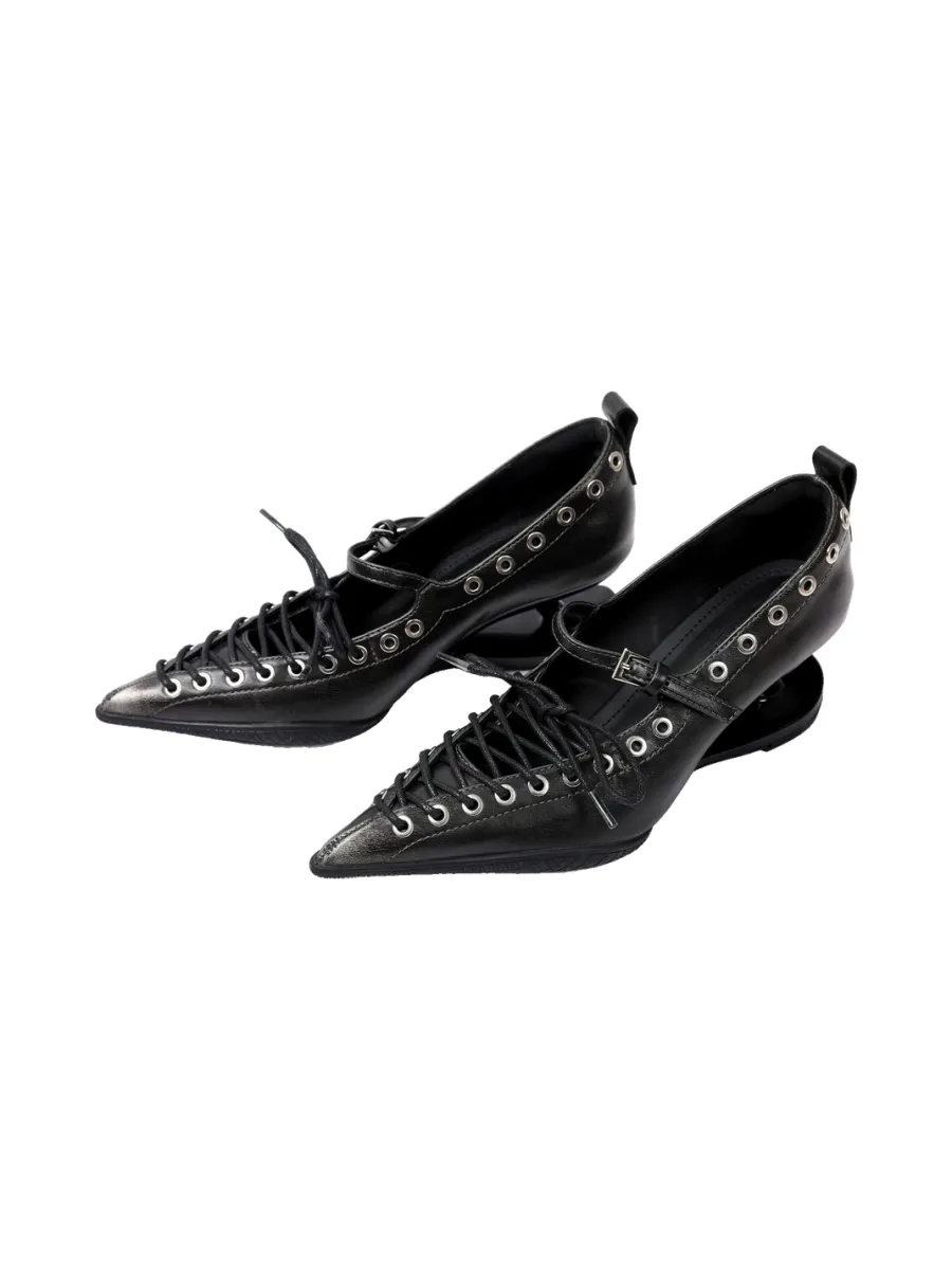PINJIAHUI | Pointed Toe Lace-Up Low-Cut High Heels-Black - 4
