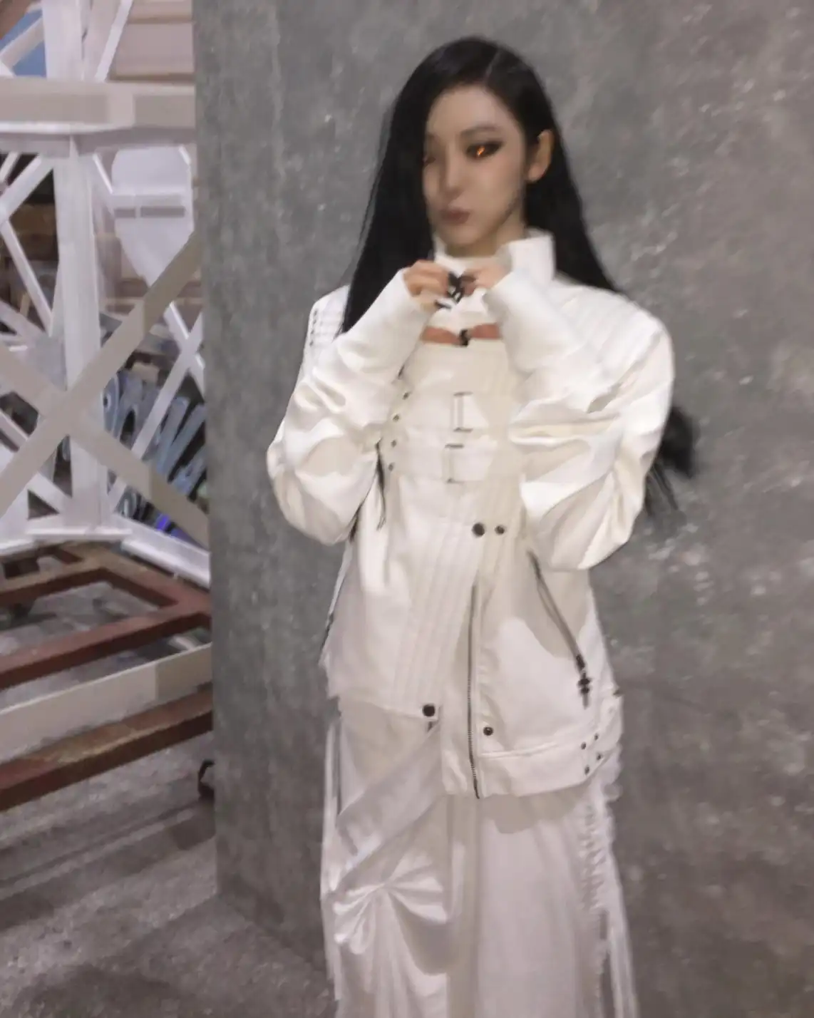 @imnotningning wearing ata nothingness jacket. Ningning is a member of the k-pop group aespa. Known for her distinctive street style and sharp allure, she has become a standout figure in today’s fashion scene. She is also a global ambassador for Gucci, embodying the rise of “succubus chic” with a cold, seductive energy. Check the same jacket on psylos1.com #ningning #succubuschic #streetwear #altfashion #psylos1 (4/5)