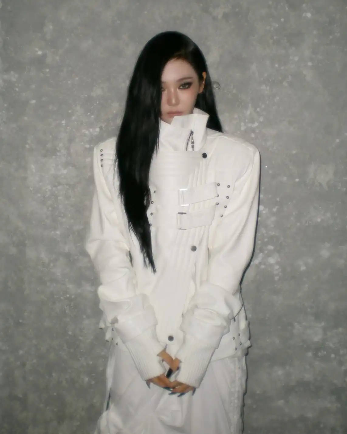 @imnotningning wearing ata nothingness jacket. Ningning is a member of the k-pop group aespa. Known for her distinctive street style and sharp allure, she has become a standout figure in today’s fashion scene. She is also a global ambassador for Gucci, embodying the rise of “succubus chic” with a cold, seductive energy. Check the same jacket on psylos1.com #ningning #succubuschic #streetwear #altfashion #psylos1 (1/5)