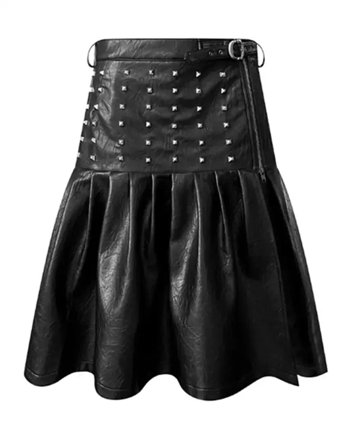 Steel in the spine. Shadows in the fold. Walk like you own the wasteland. Shop now at psylos1.com GOJOYJINNI | Rivet Pleat Leather Skirt #villainarc #techwear #darkfashion #runway (3/3)