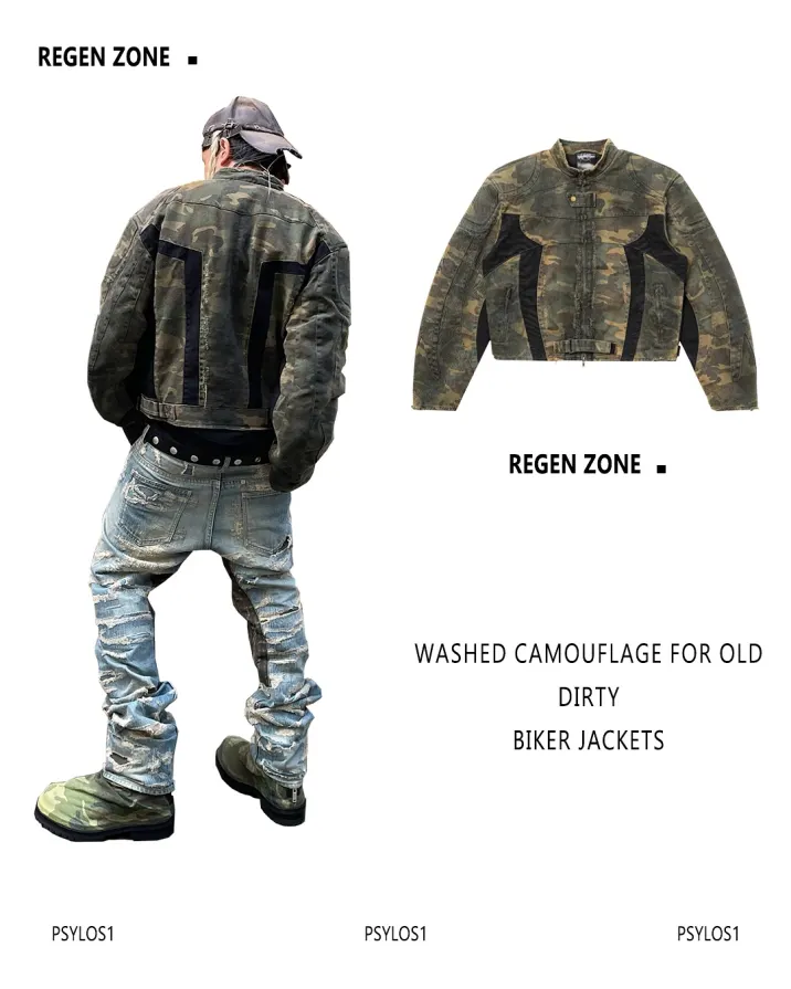 regen zone Camouflage series ”Lord of War“ series digital brush wax straight leg imitation leather jeans and cowhide brush hooded flight jacket (5/5)