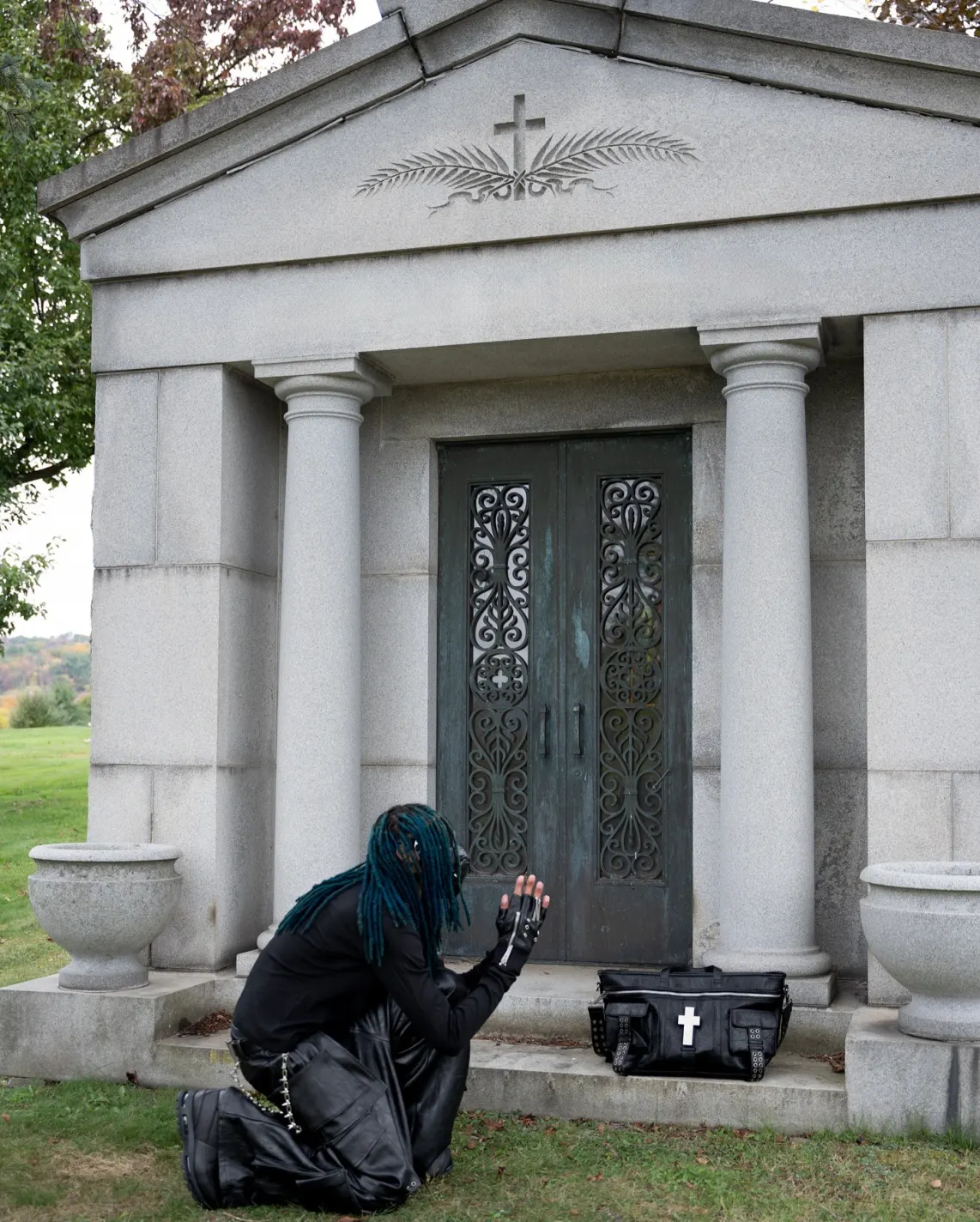 Crosses carved in cracked leather, like armor from a city that never sleeps. A tote built for the ones who move with noise. Carry the chaos at psylos1.com #REBELWAVE #psylos1 #streetavantgarde #industrialstyle #darkfashion (3/5)