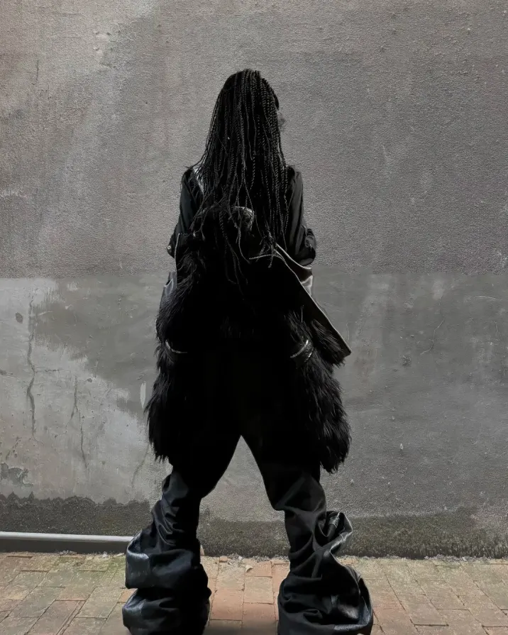 Static noise is the new silence. Break the simulation with rebel wave gear. Link up at PSYLOS1.COM REBEL WAVE | Faux Fur & Leather Zip Jacket #GlitchCore #RebelWave #Techwear #StreetStyle #LiquidMetal (6/7)
