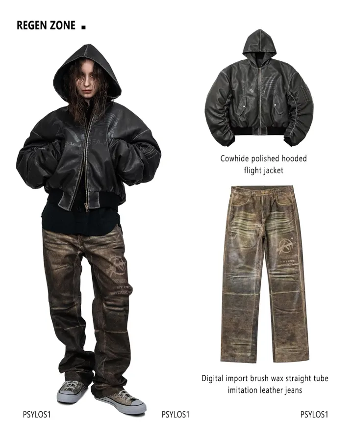 regen zone Camouflage series ”Lord of War“ series digital brush wax straight leg imitation leather jeans and cowhide brush hooded flight jacket (3/5)
