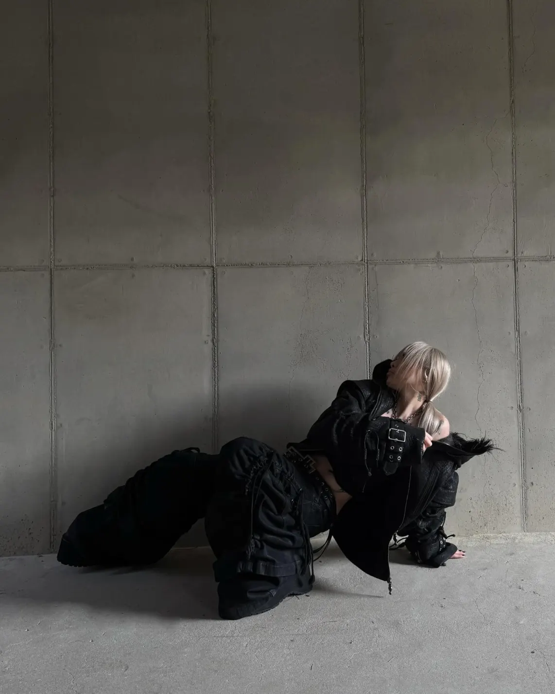 Heavy black straps. Soft fur lining. Become the main character of your own dystopia. ATA NOTHINGNESS Shop the drop via link in bio. #darkfashion #edgystyle #leatherjacket #streetgoth (4/5)