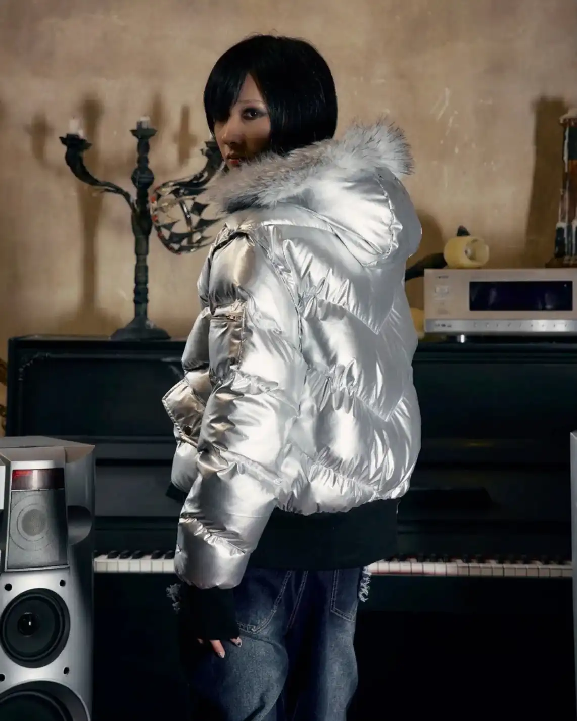 Chrome reflection. Winter distorted. Outshine the simulation. PAIKI | Mink Fur Hooded Down Jacket Link in bio to cop. #cybery2k #silverpuffer #futuristicfashion #streetwear #avantgarde (3/9)