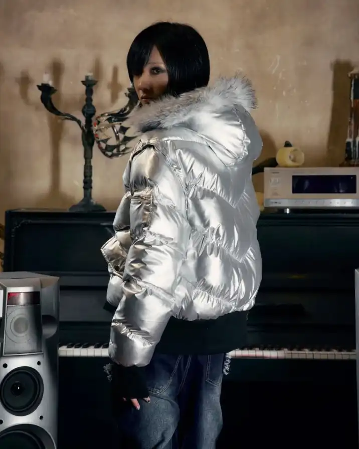 Chrome reflection. Winter distorted. Outshine the simulation. PAIKI | Mink Fur Hooded Down Jacket Link in bio to cop. #cybery2k #silverpuffer #futuristicfashion #streetwear #avantgarde (3/9)