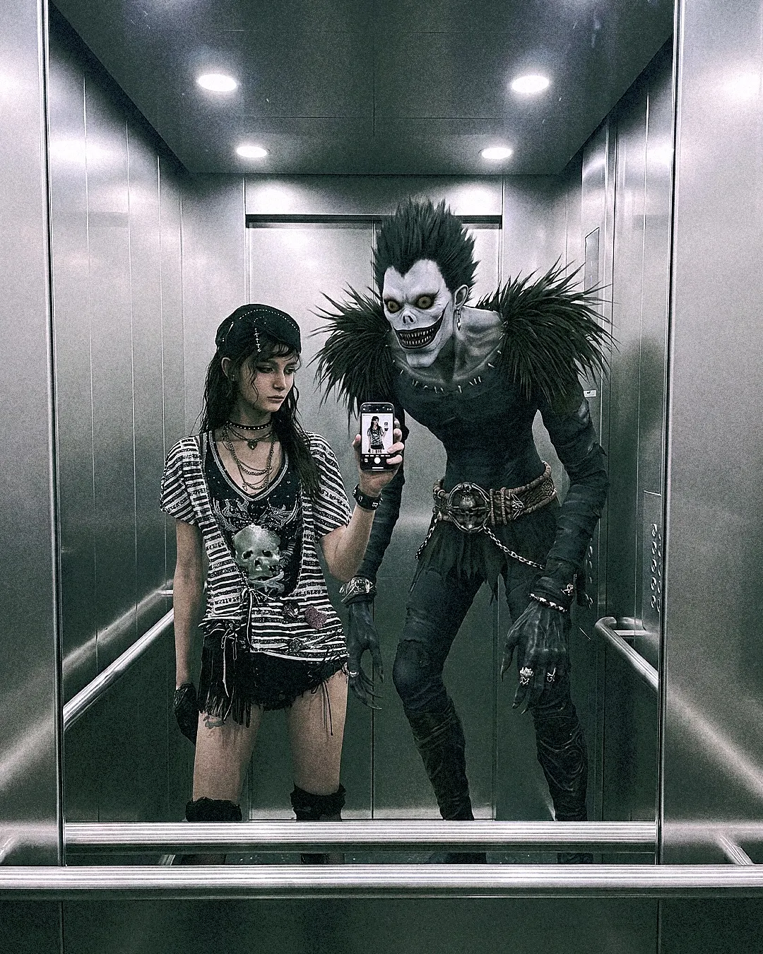 Different floors, different faces, same vibe. 🖤 Get yours now @ psylos1.com #ryuk #deathnoteoutfit #gothstyle #psylos1 (2/4)