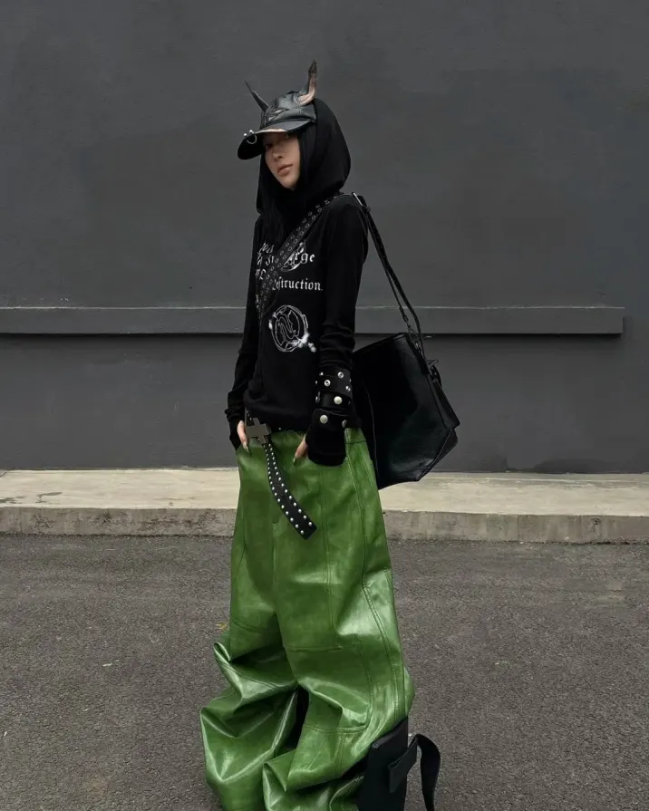 Entropy is the ultimate aesthetic. Shatter the algorithm in these Liquid Metal Coated Wax Pants. Secure your armor at PSYLOS1.COM REBEL WAVE | Liquid Metal Coated Wax Pants Flared Jeans REBEL WAVE丨"╋" Cracked Leather Rivet Belt REBEL WAVE | Cross Pattern Cracked PU Leather Tote Bag #GlitchCore #RebelWave #AvantGarde #Streetwear (6/6)