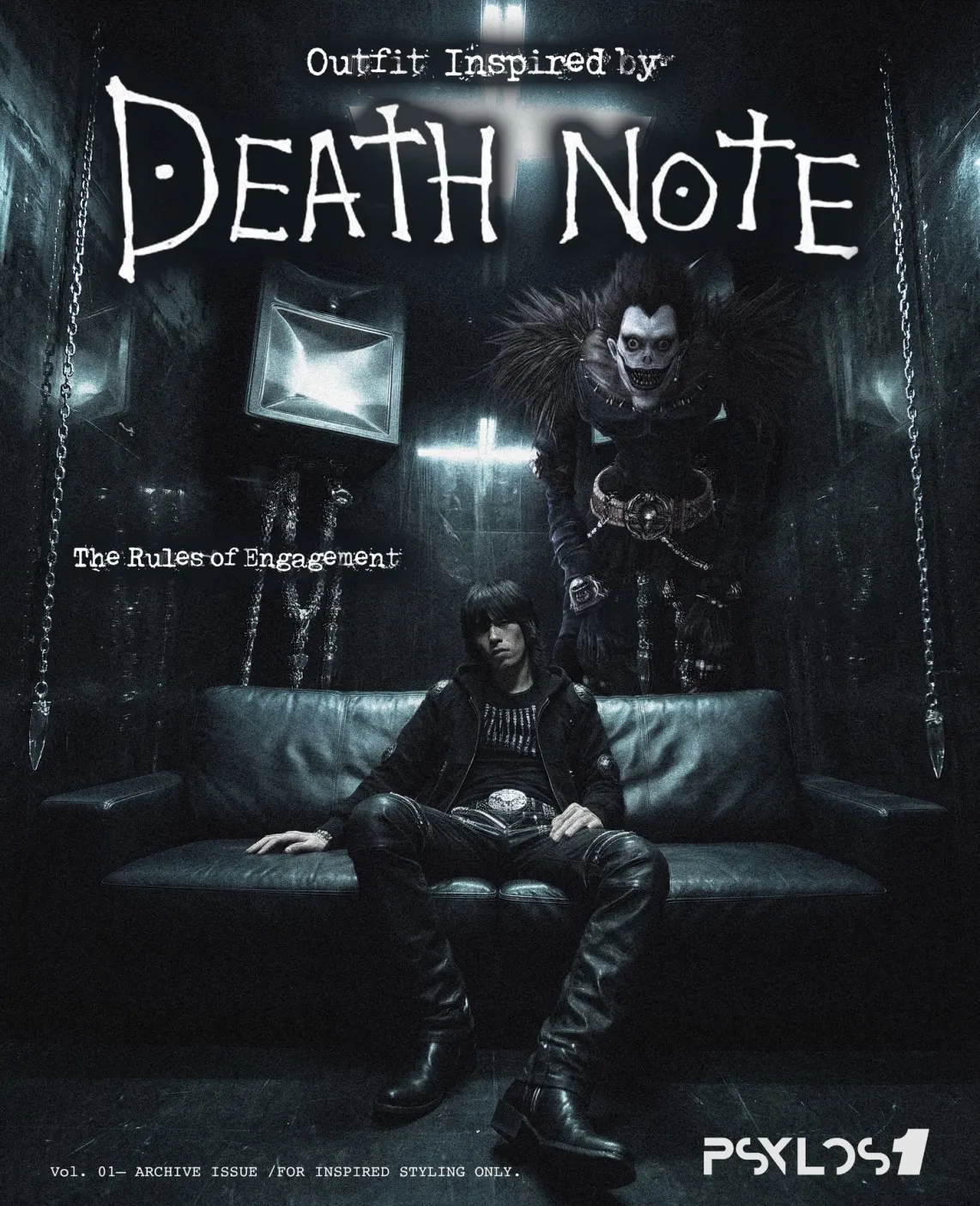 Gothic Drama vs. Intellectual Slouch. 🍎☕️ The Grim Reaper’s theatrical chaos meet the Detective’s cold minimalism. One built on raw leather, heavy hardware, and feather silhouettes; the other defined purely by an oversized white tee, washed denim, and detached intellect. Dark industrial edge or effortless geek chic—which side are you taking today? #deathnote #ryuk #L #gothicfashion #psylos1 (1/5)