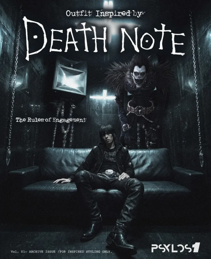 Gothic Drama vs. Intellectual Slouch. 🍎☕️ The Grim Reaper’s theatrical chaos meet the Detective’s cold minimalism. One built on raw leather, heavy hardware, and feather silhouettes; the other defined purely by an oversized white tee, washed denim, and detached intellect. Dark industrial edge or effortless geek chic—which side are you taking today? #deathnote #ryuk #L #gothicfashion #psylos1 (1/5)