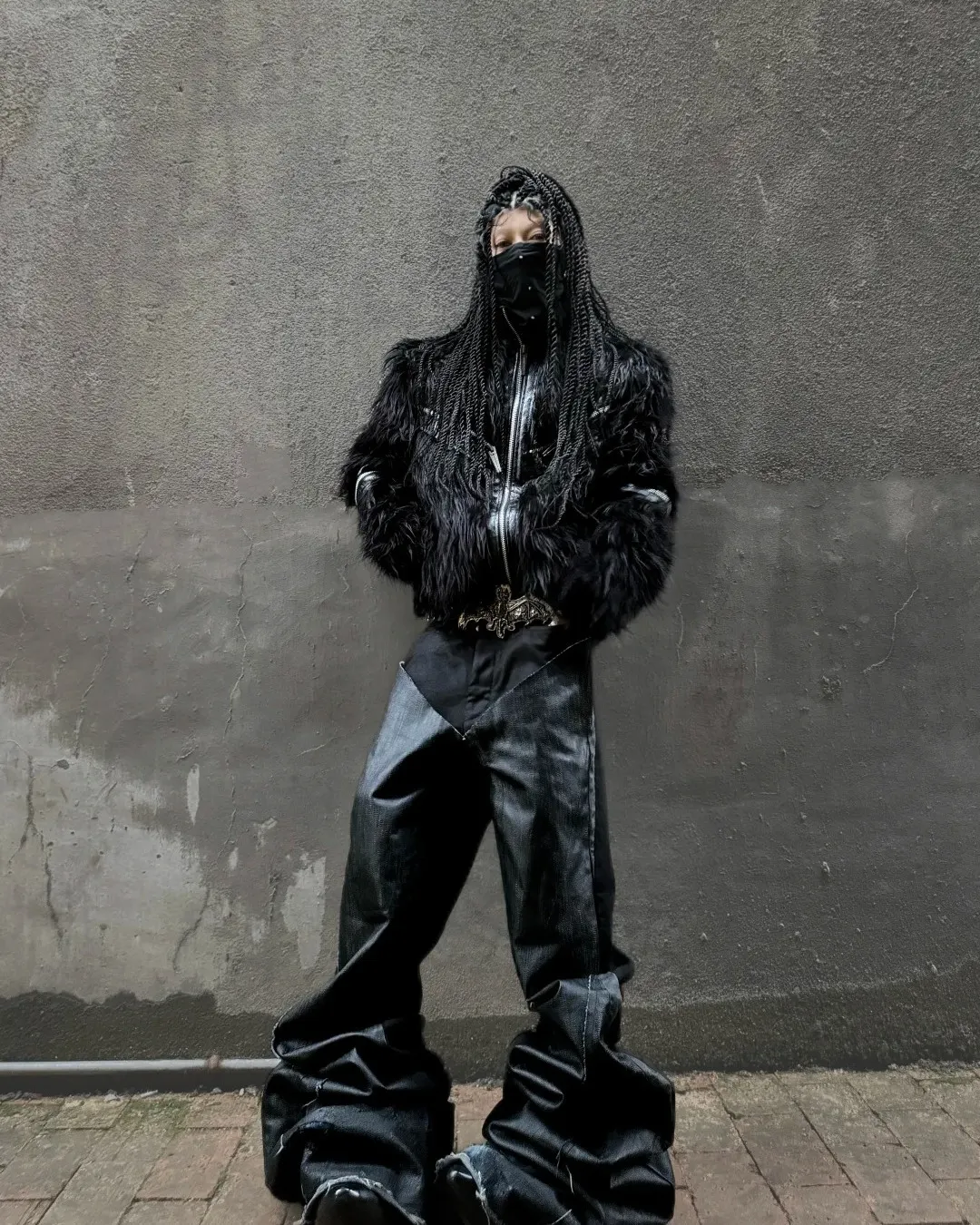 Static noise is the new silence. Break the simulation with rebel wave gear. Link up at PSYLOS1.COM REBEL WAVE | Faux Fur & Leather Zip Jacket #GlitchCore #RebelWave #Techwear #StreetStyle #LiquidMetal (5/7)