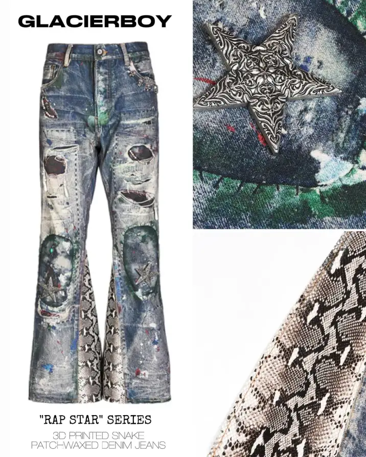 @kamal_zhou in GLB “rapstar” series 🐍 3D PRINTED SNAKE PATCHWAXED DENIM JEANS Extremely destructive stacked metal and pearl elements, a perfect embodiment of post-punkism Available now link in bio #streetstyle #fashionstyle #dirtyfit #grunge #jeans #ootd #readytowear #newarrivals #fashioninspo #style #styleinspiration #denim #psylos1 #psylos1me #psylos1andme (5/5)