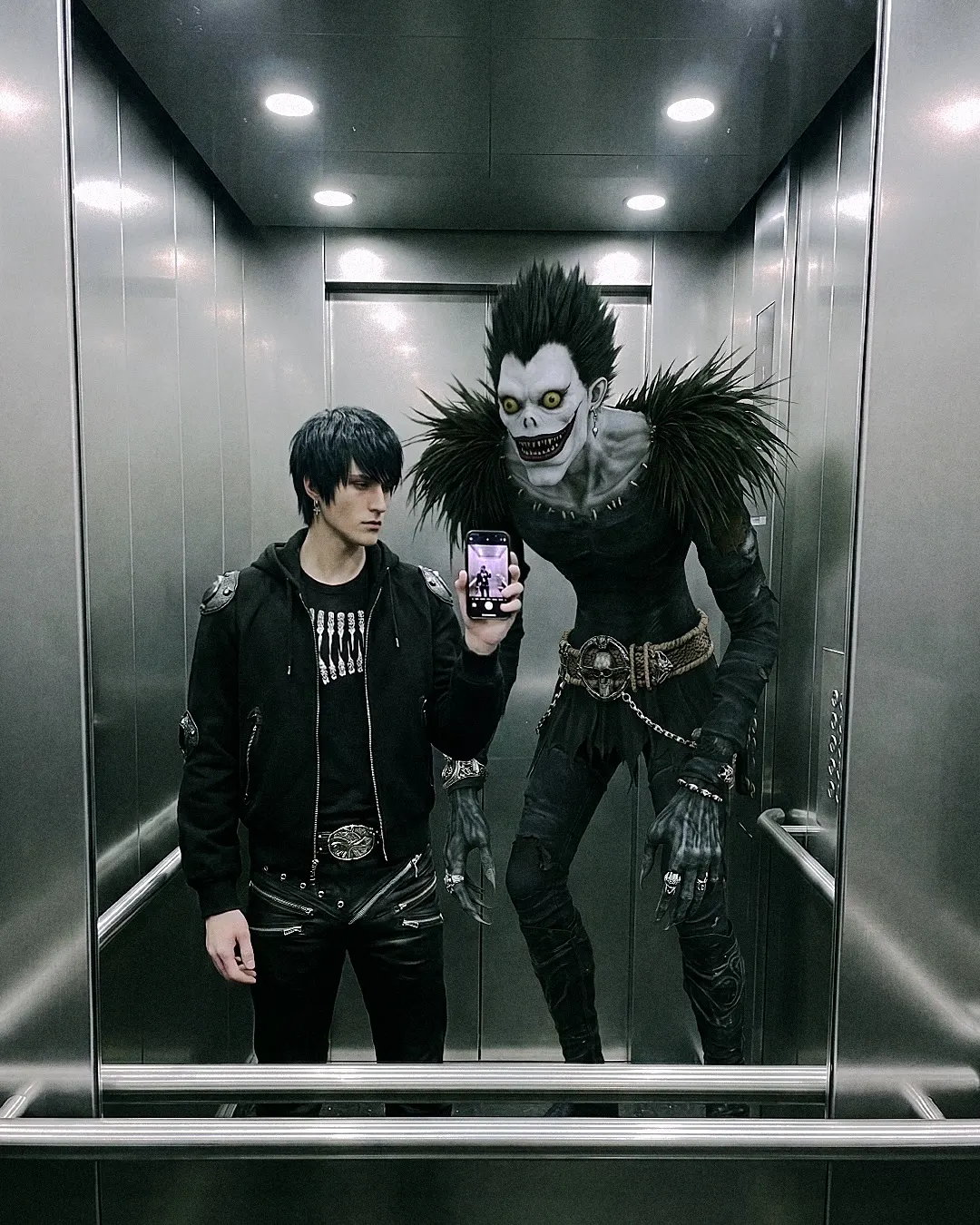 Different floors, different faces, same vibe. 🖤 Get yours now @ psylos1.com #ryuk #deathnoteoutfit #gothstyle #psylos1 (3/4)