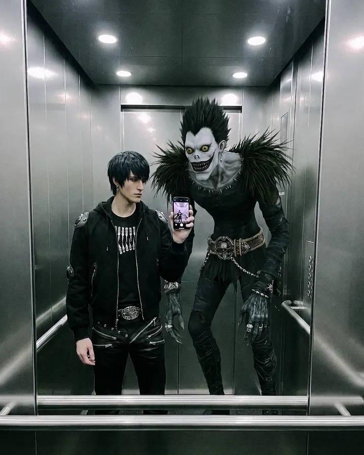 Different floors, different faces, same vibe. 🖤 Get yours now @ psylos1.com #ryuk #deathnoteoutfit #gothstyle #psylos1 (3/4)