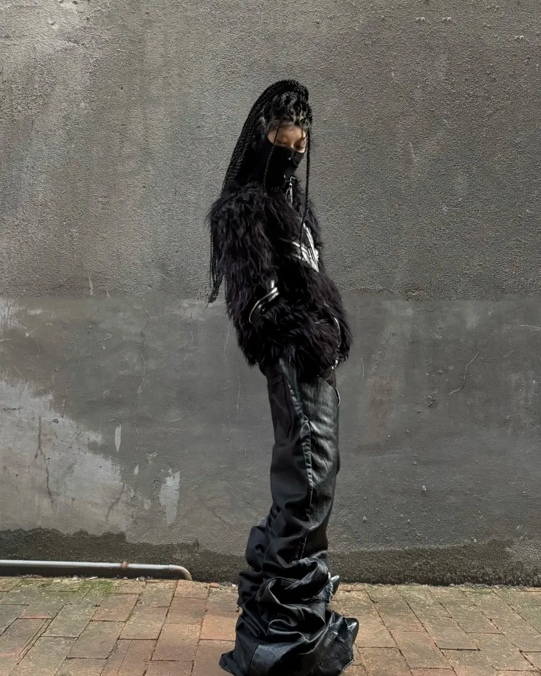Static noise is the new silence. Break the simulation with rebel wave gear. Link up at PSYLOS1.COM REBEL WAVE | Faux Fur & Leather Zip Jacket #GlitchCore #RebelWave #Techwear #StreetStyle #LiquidMetal (3/7)