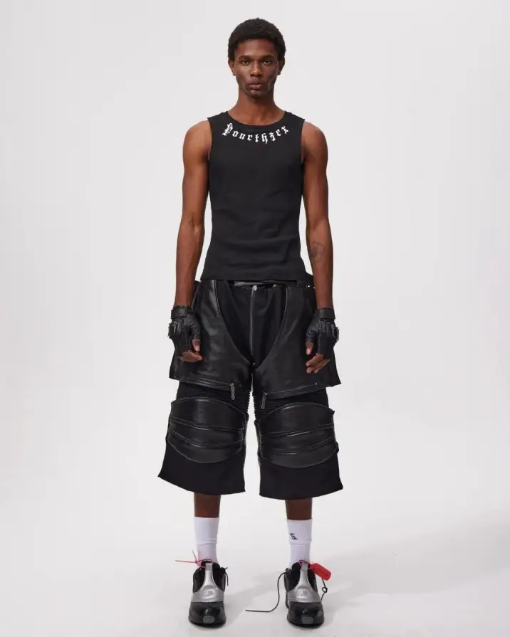 Structure meets chaos. 馃彺 The Void-Sector Armored Shorts redefine the silhouette with heavy ribbed plating, modular zippers, and industrial hardware. A glitch in the simulation designed for those who walk the edge of reality. 鈿欙笍 Link in bio to acquire. #fourth3ex #techwear #avantgardefashion #cyberpunk #darkwear #postapocalyptic (3/8)