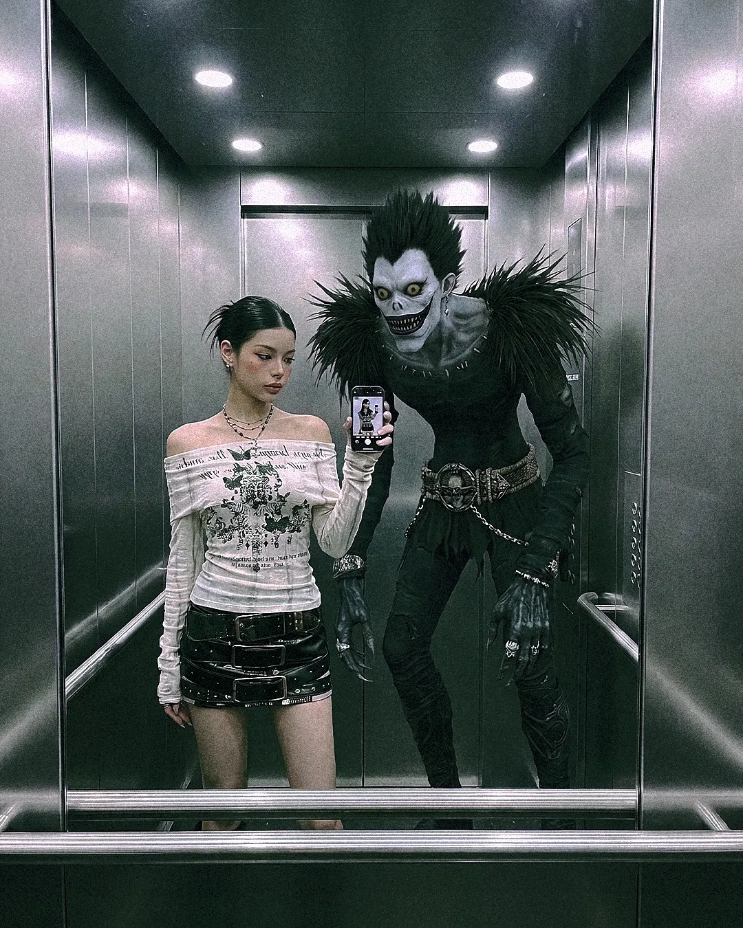 Different floors, different faces, same vibe. 🖤 Get yours now @ psylos1.com #ryuk #deathnoteoutfit #gothstyle #psylos1 (4/4)