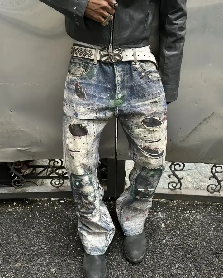 @kamal_zhou in GLB “rapstar” series 🐍 3D PRINTED SNAKE PATCHWAXED DENIM JEANS Extremely destructive stacked metal and pearl elements, a perfect embodiment of post-punkism Available now link in bio #streetstyle #fashionstyle #dirtyfit #grunge #jeans #ootd #readytowear #newarrivals #fashioninspo #style #styleinspiration #denim #psylos1 #psylos1me #psylos1andme (2/5)