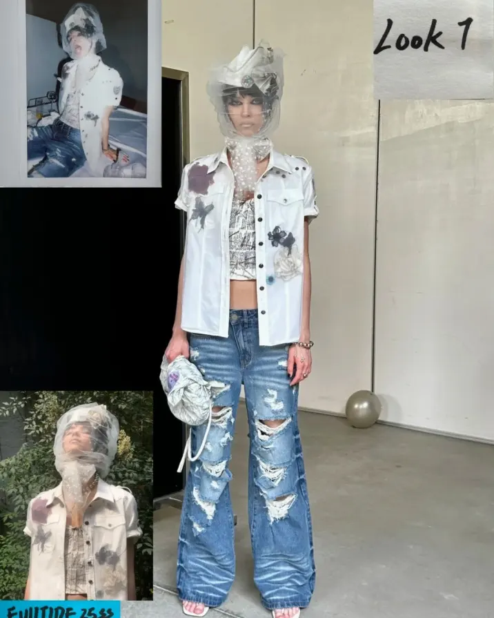 Chaos theory stitched into existence. 🧪 The sculptural headpiece signals the final transmission before the system crashes. Wear the noise at psylos1.com #FULLTIDE #AvantGarde #DeconstructedFashion #PunkCouture #WearableArt (6/9)