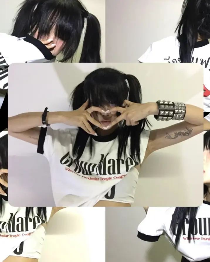 Static in the signal. Rebellion in the ink. Disconnect from the mainstream feed. PSYLOS1 | Group Mono Graphic Crop Shop now at psylos1.com #subversivebasics #grungestyle #avantgarde #y2kfashion (2/5)