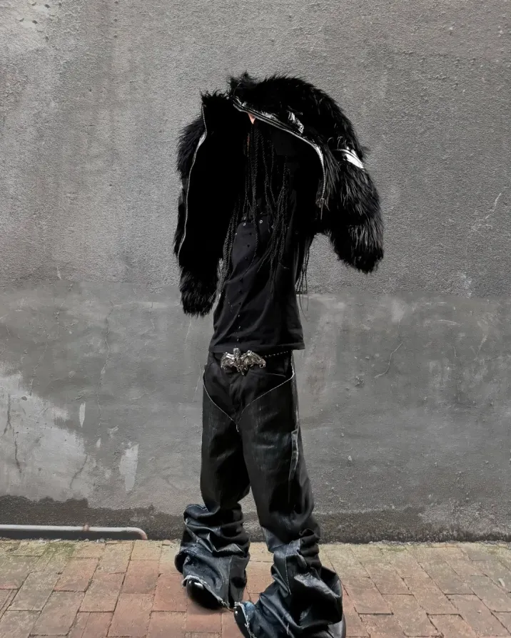 Static noise is the new silence. Break the simulation with rebel wave gear. Link up at PSYLOS1.COM REBEL WAVE | Faux Fur & Leather Zip Jacket #GlitchCore #RebelWave #Techwear #StreetStyle #LiquidMetal (4/7)