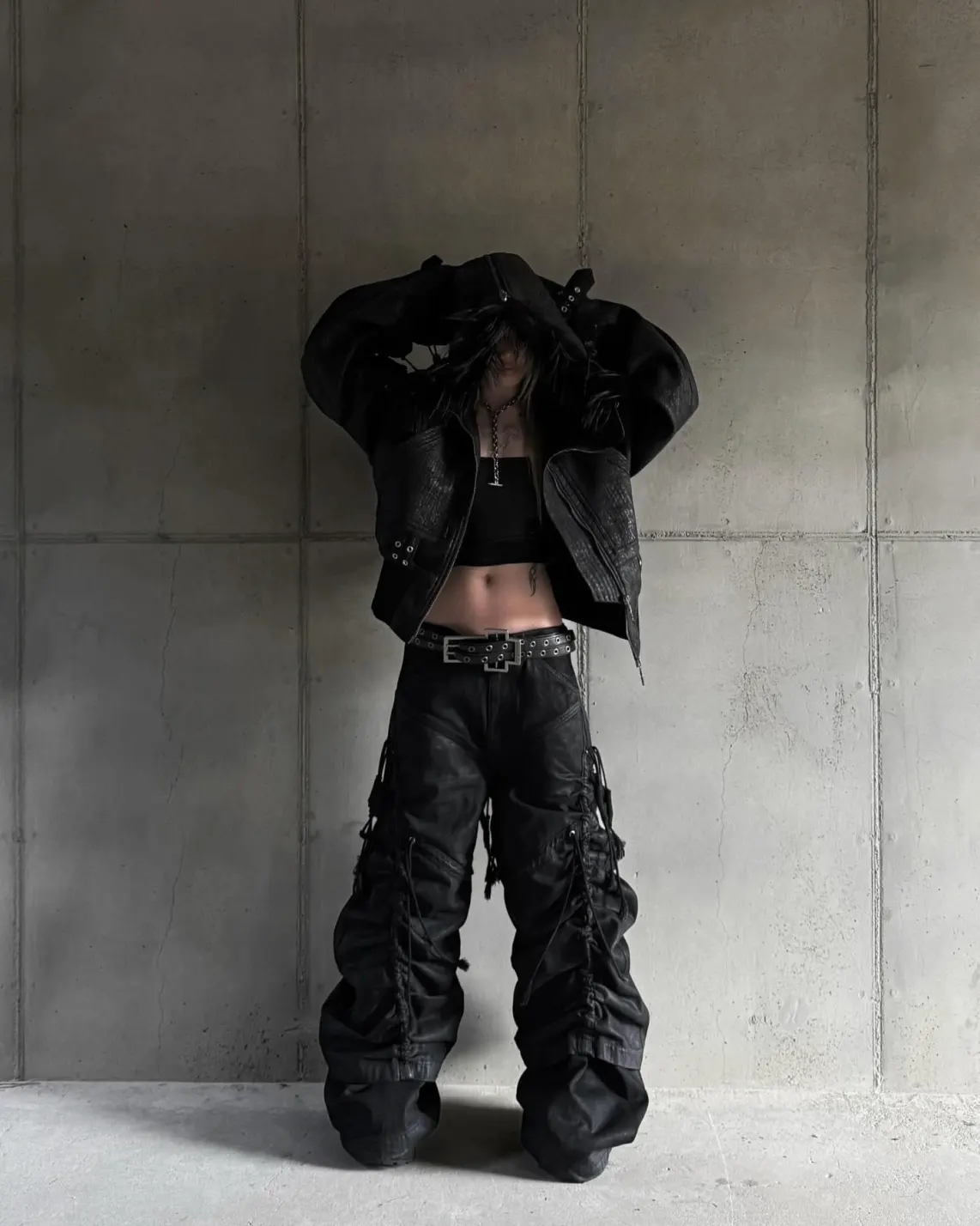 Heavy black straps. Soft fur lining. Become the main character of your own dystopia. ATA NOTHINGNESS Shop the drop via link in bio. #darkfashion #edgystyle #leatherjacket #streetgoth (3/5)