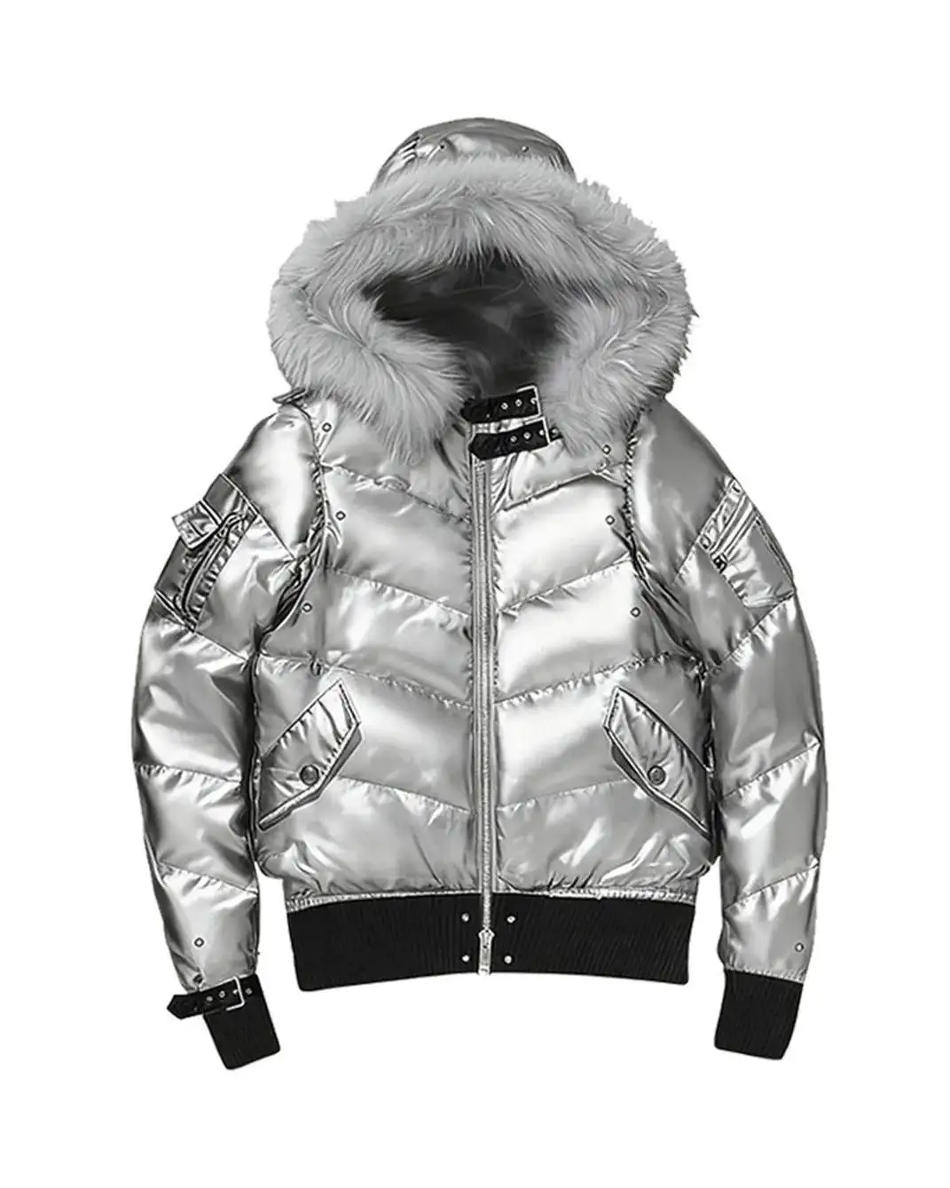 Chrome reflection. Winter distorted. Outshine the simulation. PAIKI | Mink Fur Hooded Down Jacket Link in bio to cop. #cybery2k #silverpuffer #futuristicfashion #streetwear #avantgarde (8/9)