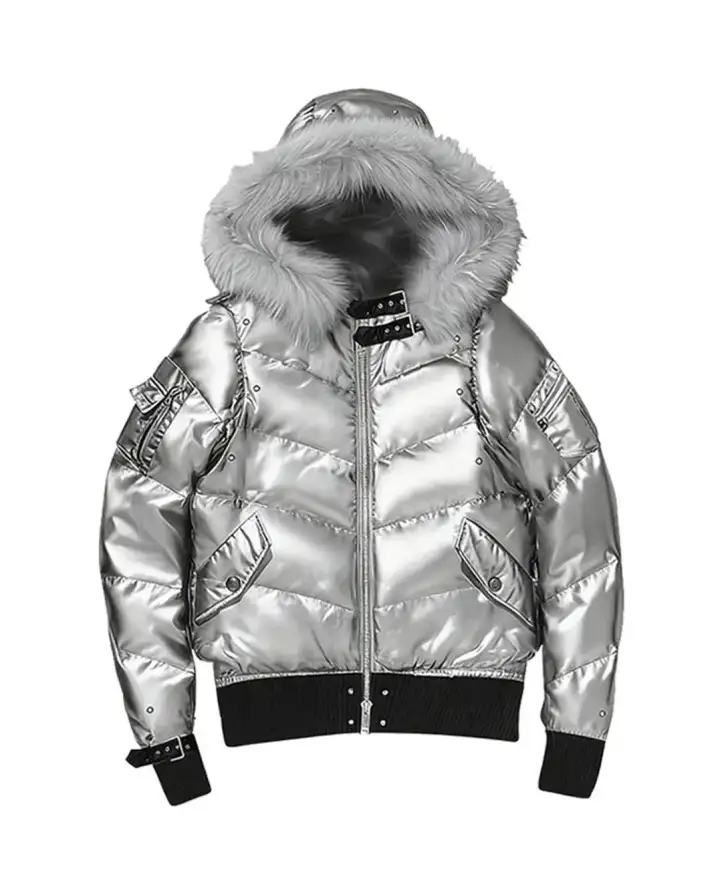 Chrome reflection. Winter distorted. Outshine the simulation. PAIKI | Mink Fur Hooded Down Jacket Link in bio to cop. #cybery2k #silverpuffer #futuristicfashion #streetwear #avantgarde (8/9)