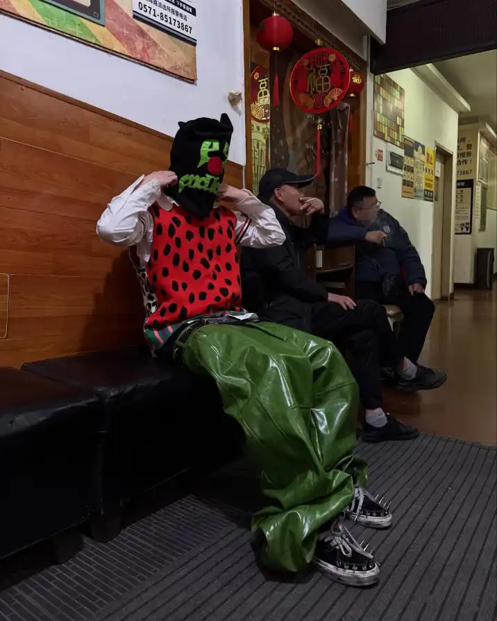 REBEL WAVE green liquid leather wide-leg pants. In an endless ski mask and Comme des Garçons Homme tank top. #ootd #outfit #fyp #commedesgarçons #streetwear (5/10)