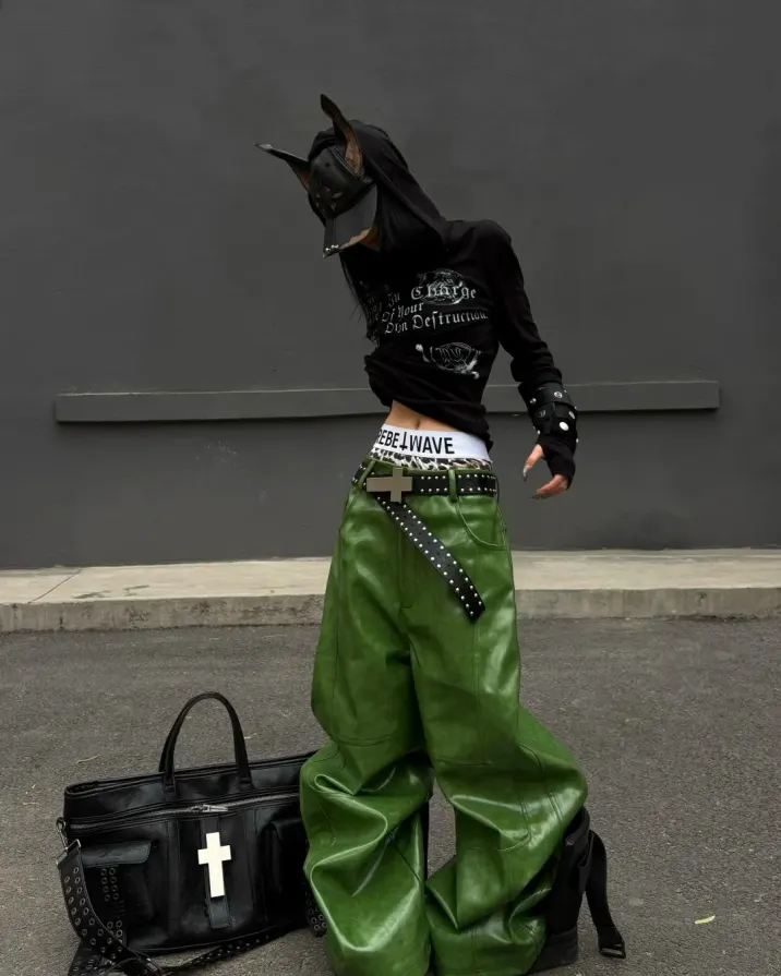 Entropy is the ultimate aesthetic. Shatter the algorithm in these Liquid Metal Coated Wax Pants. Secure your armor at PSYLOS1.COM REBEL WAVE | Liquid Metal Coated Wax Pants Flared Jeans REBEL WAVE丨"╋" Cracked Leather Rivet Belt REBEL WAVE | Cross Pattern Cracked PU Leather Tote Bag #GlitchCore #RebelWave #AvantGarde #Streetwear (1/6)
