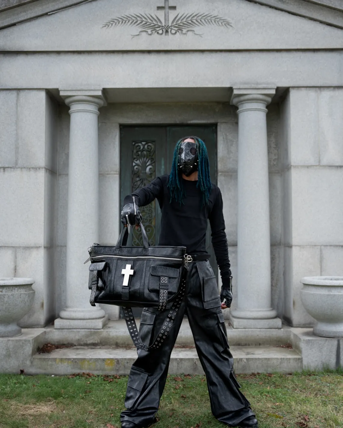Crosses carved in cracked leather, like armor from a city that never sleeps. A tote built for the ones who move with noise. Carry the chaos at psylos1.com #REBELWAVE #psylos1 #streetavantgarde #industrialstyle #darkfashion (5/5)