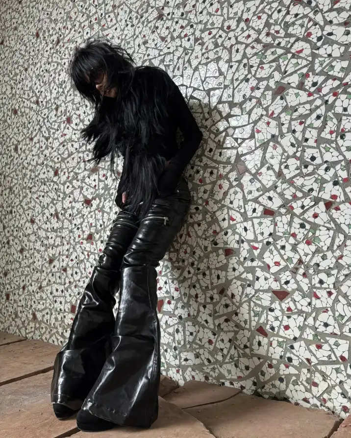 Reality fractures when you wear the noise. Disrupt the silence with heavy metal aesthetics. Claim your armor at PSYLOS1.COM REBEL WAVE | Liquid Metal Coated Wax Pants Flared Jeans #CyberPunk #IndustrialFashion #RebelWave #DarkAesthetic (5/7)