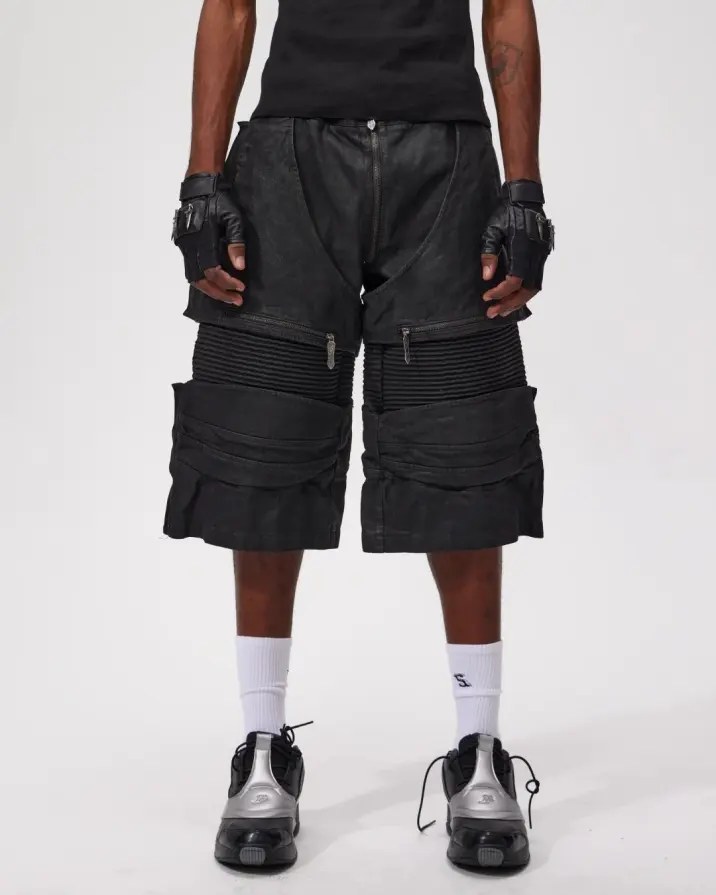 Structure meets chaos. 馃彺 The Void-Sector Armored Shorts redefine the silhouette with heavy ribbed plating, modular zippers, and industrial hardware. A glitch in the simulation designed for those who walk the edge of reality. 鈿欙笍 Link in bio to acquire. #fourth3ex #techwear #avantgardefashion #cyberpunk #darkwear #postapocalyptic (4/8)