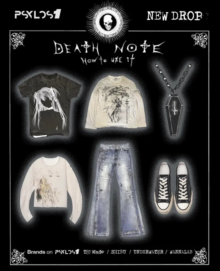 Gothic Drama vs. Intellectual Slouch. 🍎☕️ The Grim Reaper’s theatrical chaos meet the Detective’s cold minimalism. One built on raw leather, heavy hardware, and feather silhouettes; the other defined purely by an oversized white tee, washed denim, and detached intellect. Dark industrial edge or effortless geek chic—which side are you taking today? #deathnote #ryuk #L #gothicfashion #psylos1 (4/5)
