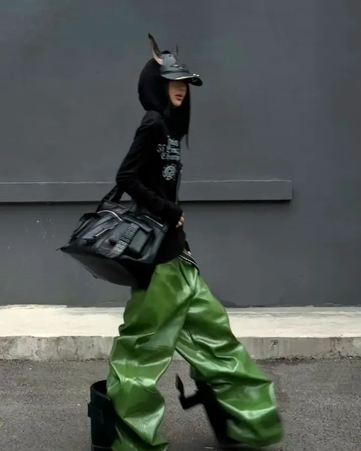 Entropy is the ultimate aesthetic. Shatter the algorithm in these Liquid Metal Coated Wax Pants. Secure your armor at PSYLOS1.COM REBEL WAVE | Liquid Metal Coated Wax Pants Flared Jeans REBEL WAVE丨"╋" Cracked Leather Rivet Belt REBEL WAVE | Cross Pattern Cracked PU Leather Tote Bag #GlitchCore #RebelWave #AvantGarde #Streetwear (3/6)