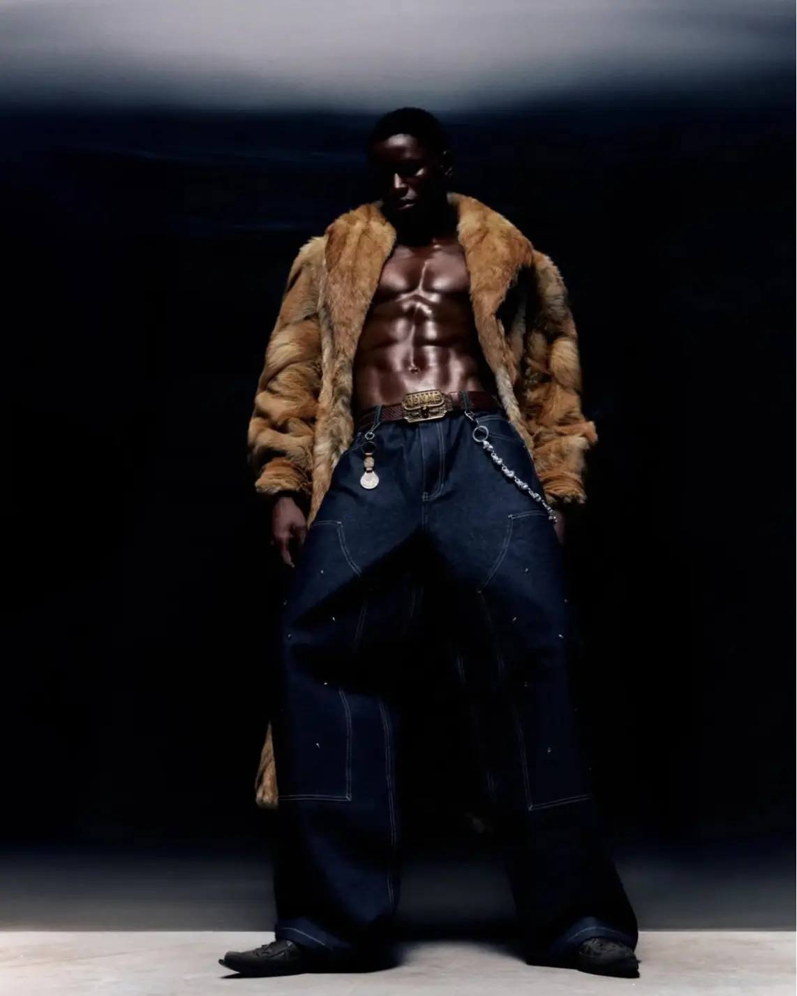Lounge like a villain. Denim built to break posture, not rules. → psylos1.com BE A DEVIL丨USD Billion Multi Rivet Denim Pants. #BeADevil #AvantDenim #RebelWear (3/4)