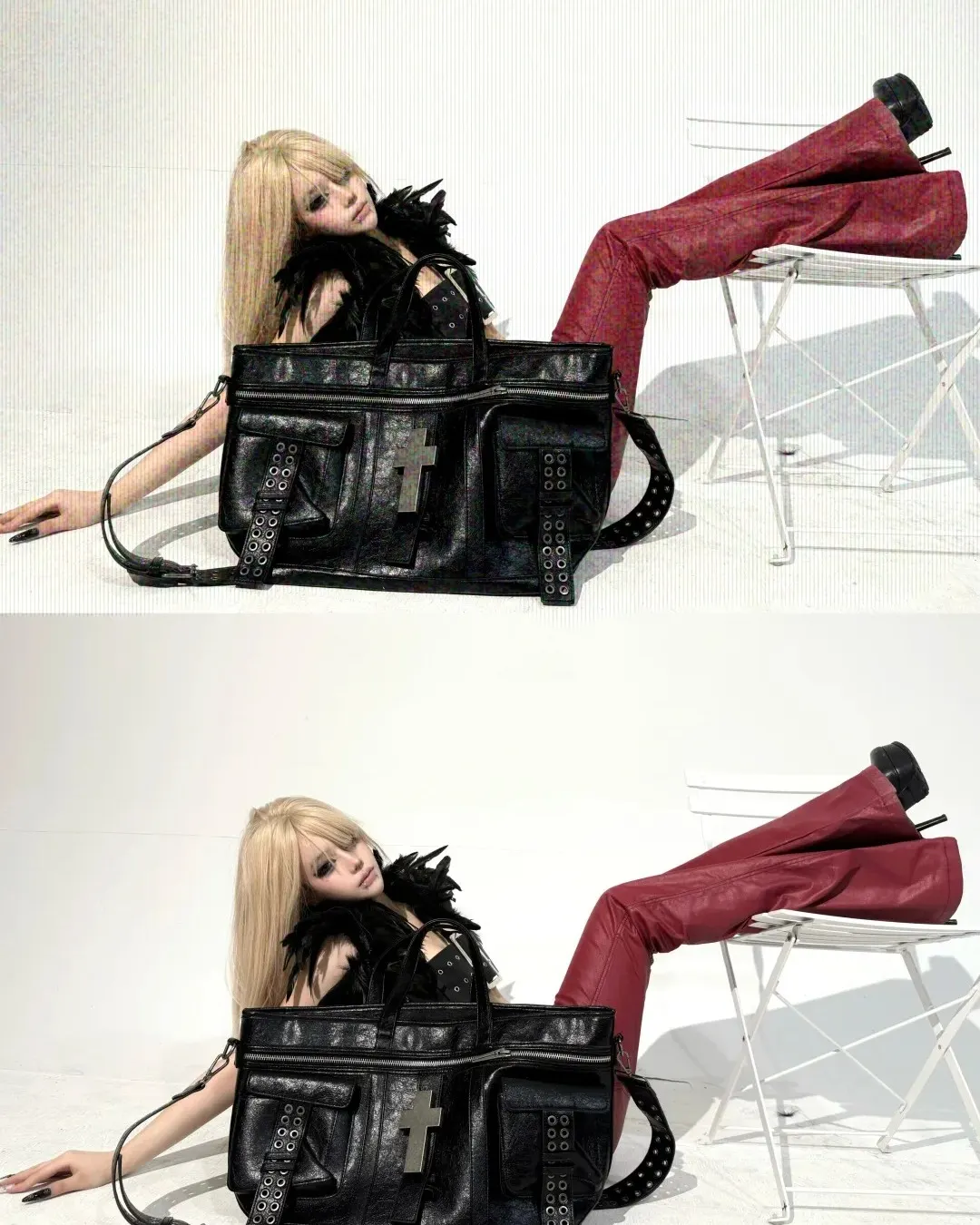 Red metal burns through the frame — sharp hips, molten gloss, and a flare that hits like a warning shot. Walk in, change the temperature. Leave, keep the echo. Shape the heat at psylos1.com REBEL WAVE Liquid Metal Red Coated Waxed Flared Jeans #psylos1 #RebelWave #LiquidMetal #redpants #avantgardestyle #futureaesthetic #statementwear (6/6)
