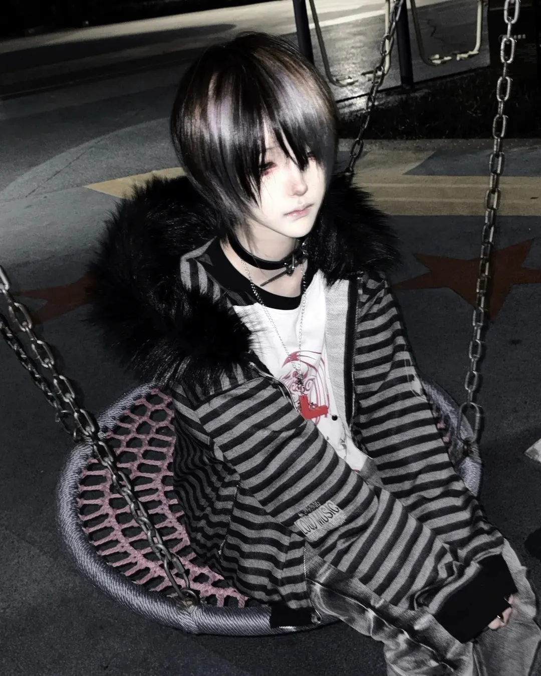 Glitch in the system. Noise in the dark. Break the simulation loop. PAIKI | Faux Fur Collar Knit Hoodie Shop now at PSYLOS1.COM #cybergrunge #streetwear #darkaesthetic #nightcore #edgyfashion (2/4)