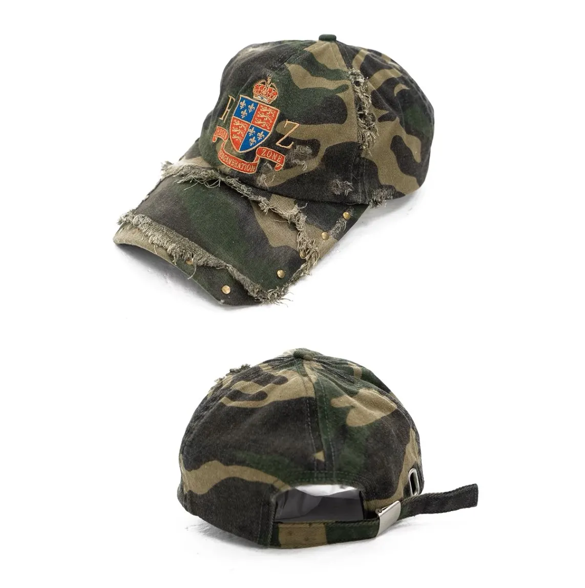 @hanyuc wear REGEN ZONE 24fw Washed to do old destruction camouflage badge embroidery erosion bent along baseball cap link in bio #fashion (6/6)