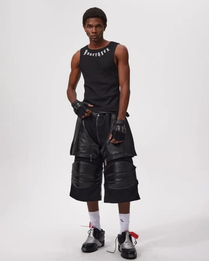 Structure meets chaos. 馃彺 The Void-Sector Armored Shorts redefine the silhouette with heavy ribbed plating, modular zippers, and industrial hardware. A glitch in the simulation designed for those who walk the edge of reality. 鈿欙笍 Link in bio to acquire. #fourth3ex #techwear #avantgardefashion #cyberpunk #darkwear #postapocalyptic (2/8)