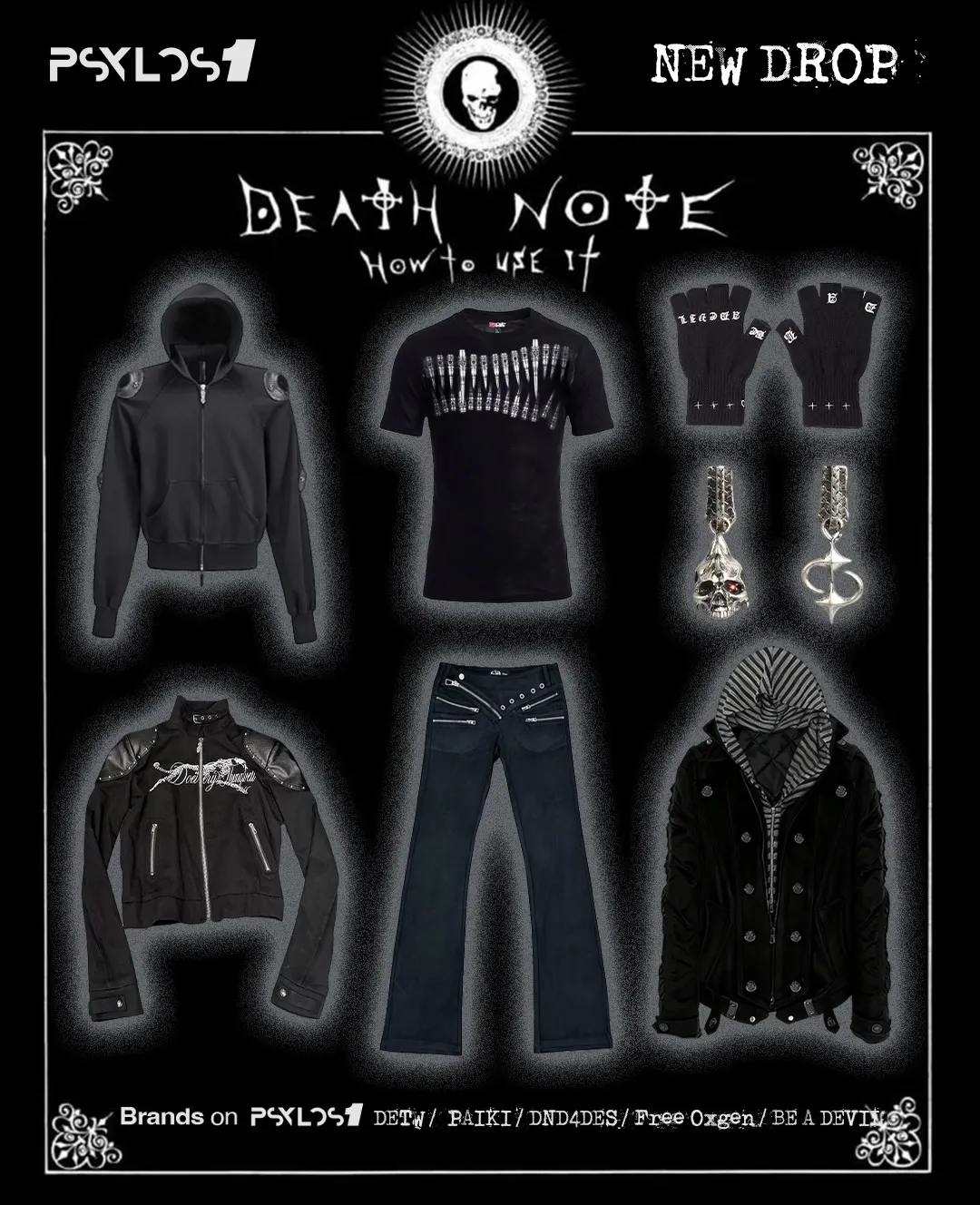 Gothic Drama vs. Intellectual Slouch. 🍎☕️ The Grim Reaper’s theatrical chaos meet the Detective’s cold minimalism. One built on raw leather, heavy hardware, and feather silhouettes; the other defined purely by an oversized white tee, washed denim, and detached intellect. Dark industrial edge or effortless geek chic—which side are you taking today? #deathnote #ryuk #L #gothicfashion #psylos1 (5/5)