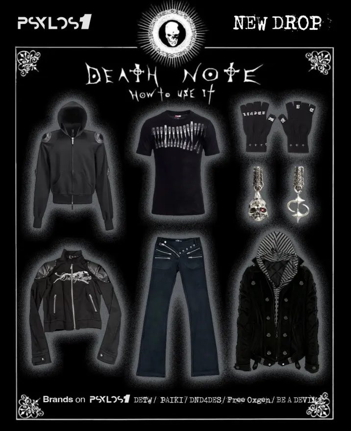 Gothic Drama vs. Intellectual Slouch. 🍎☕️ The Grim Reaper’s theatrical chaos meet the Detective’s cold minimalism. One built on raw leather, heavy hardware, and feather silhouettes; the other defined purely by an oversized white tee, washed denim, and detached intellect. Dark industrial edge or effortless geek chic—which side are you taking today? #deathnote #ryuk #L #gothicfashion #psylos1 (5/5)