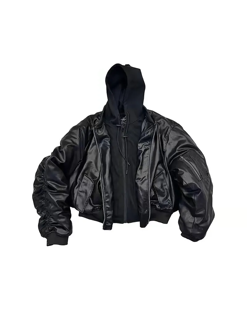 @barbiedrugz wear POPPROJECT Leather bomber Double fake two hooded coat Bomber jacket leather padded ma1 link in bio #fashion #brand #bomber (6/8)
