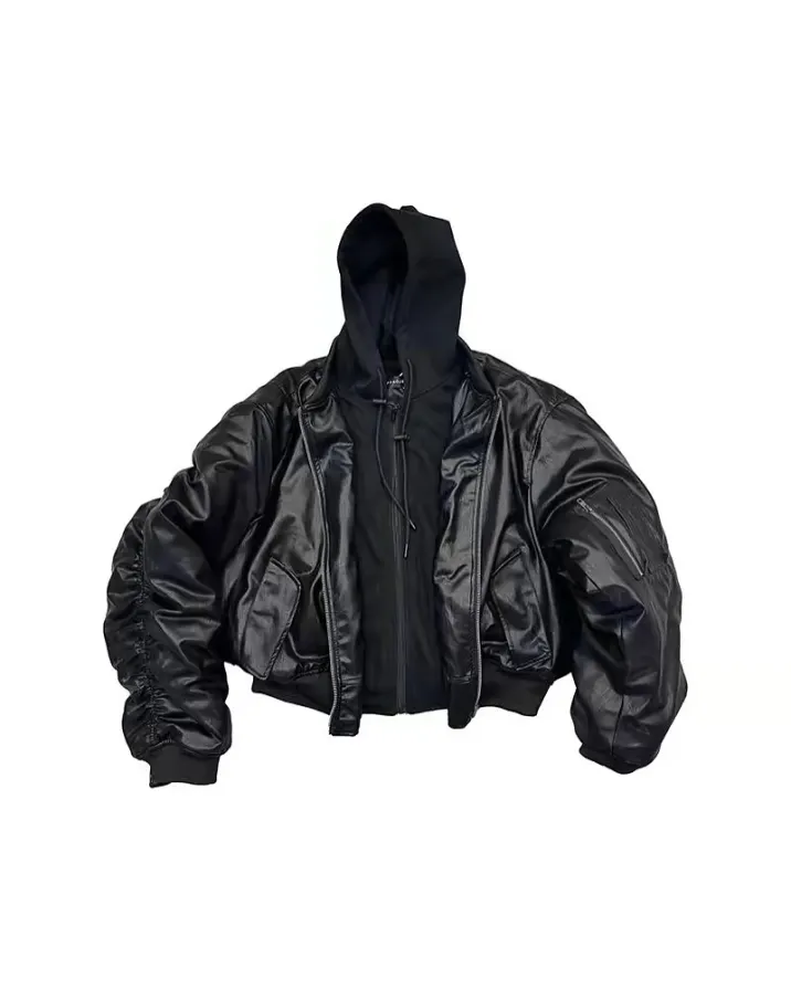 @barbiedrugz wear POPPROJECT Leather bomber Double fake two hooded coat Bomber jacket leather padded ma1 link in bio #fashion #brand #bomber (6/8)